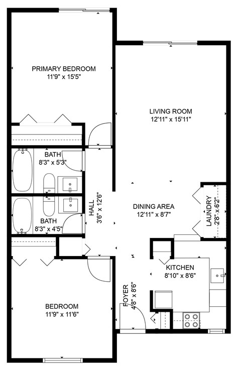 A floor plan of a house with a primary bedroom, living room, dining area, laundry, and kitchen.